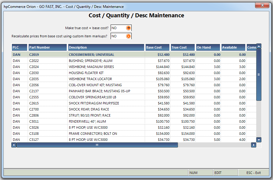 8 Shelf Stock Quantities, Cost and Description